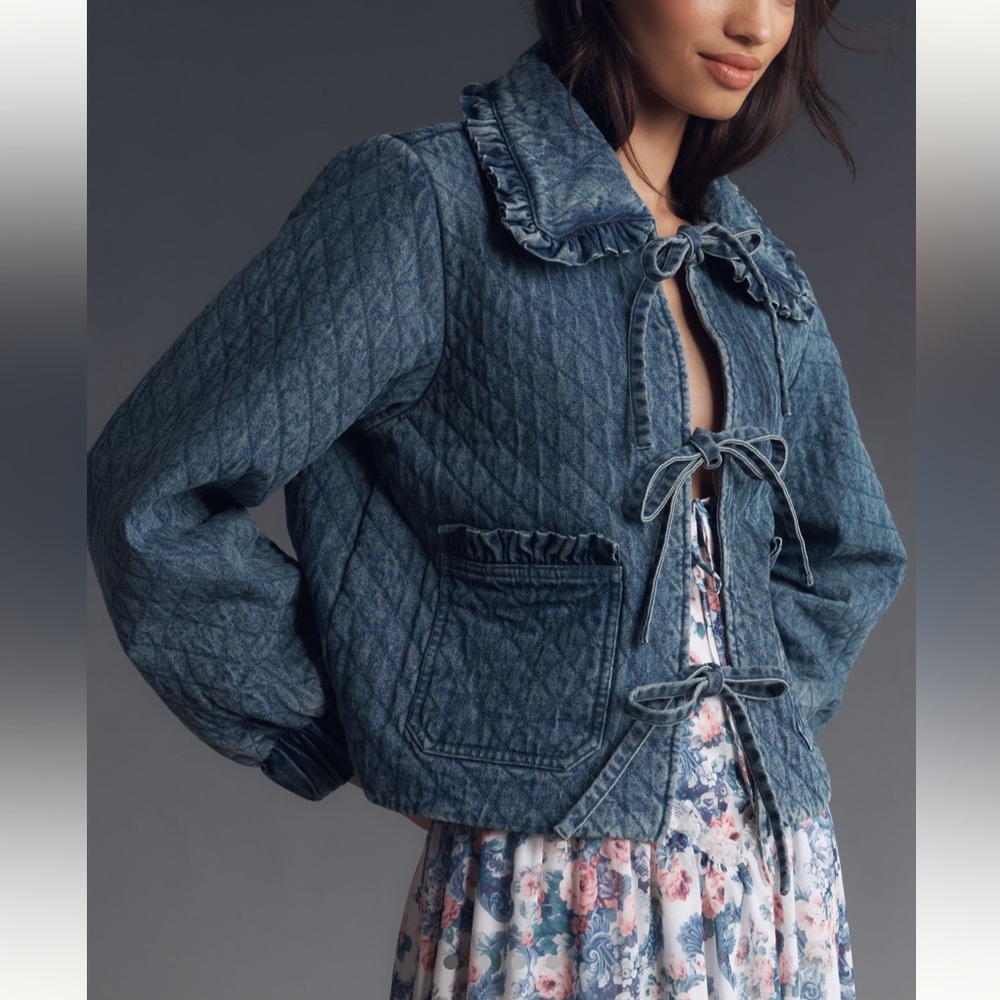 NWT The Maura Bow-Tie Denim Jacket By Avec Les Filles Size XXS